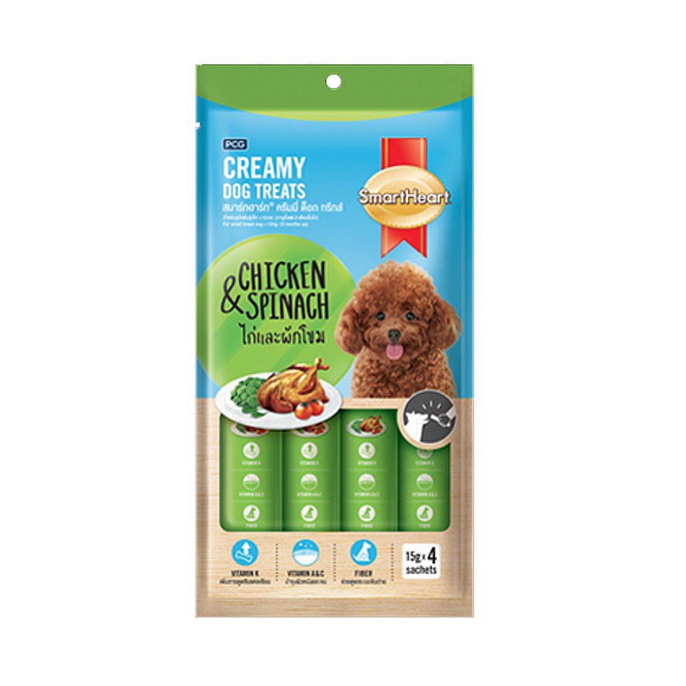 ขนมสุนัข SMARTHEART CREAMY DOG TREATS รสไก่และผักโขม 60 ก.