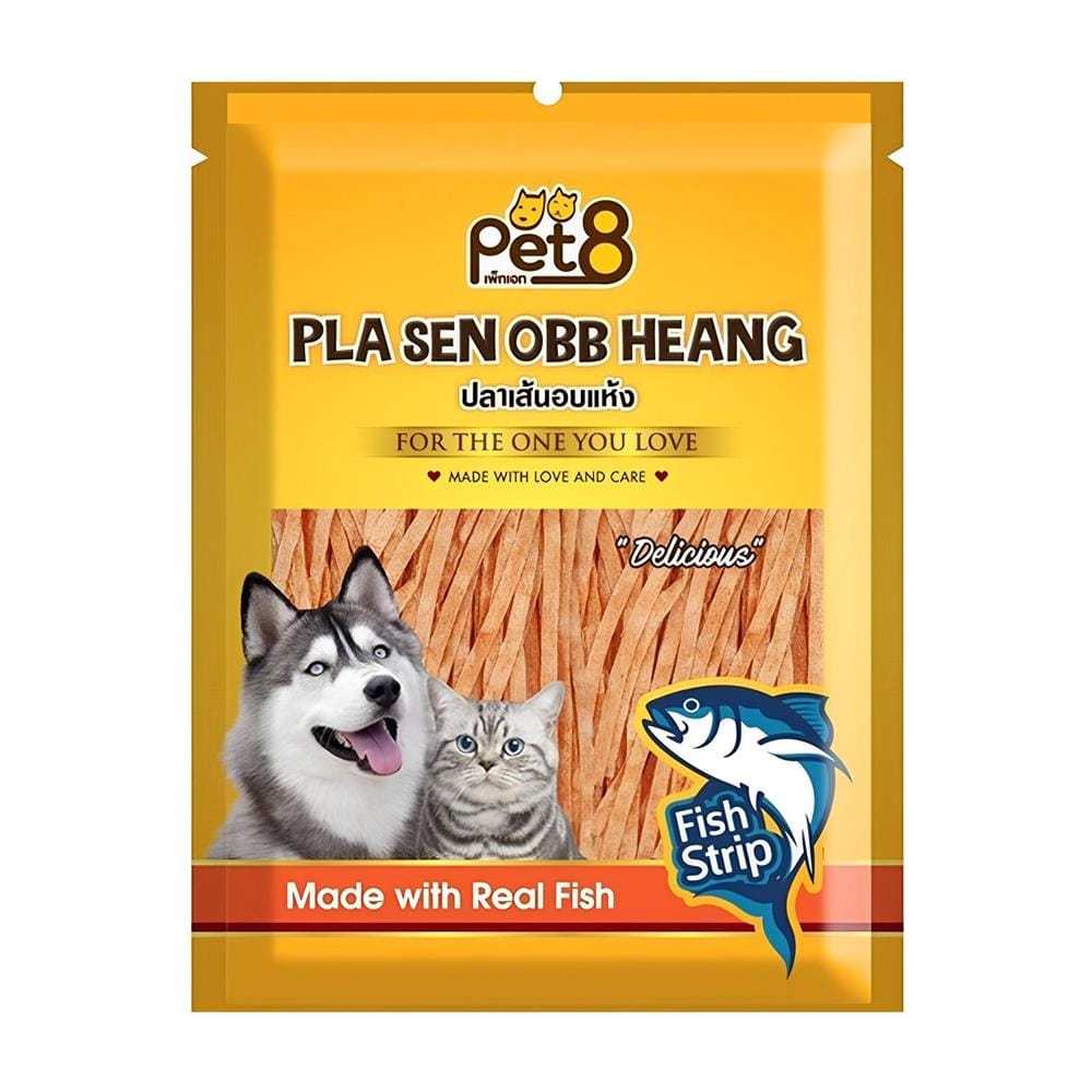 ขนมปลาเส้นสำหรับสุนัขและแมว PET 8 FISH STRIP 150 ก.
