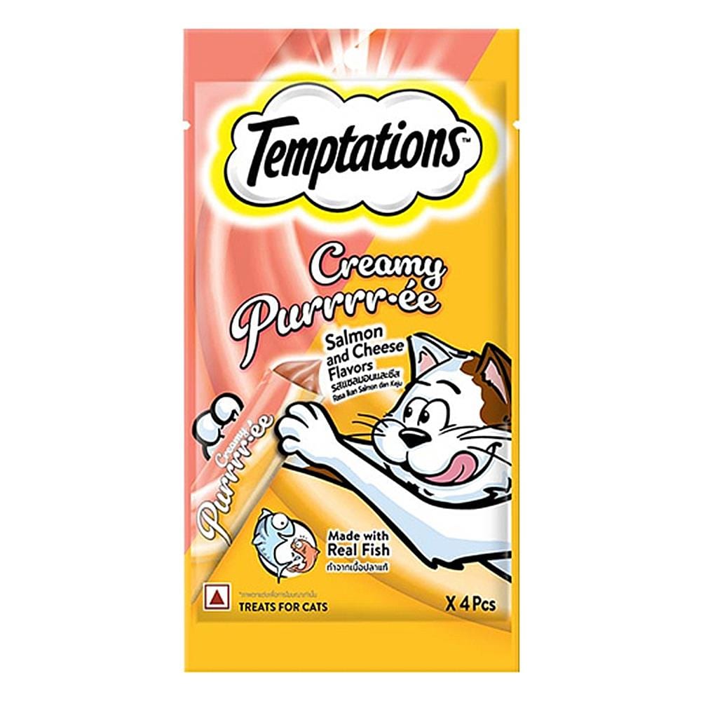ขนมแมวเลีย TEMPTATIONS CREAMY PUREE SALMON & CHEESE 48 กรัม (แพ็ก 4 ชิ้น)
