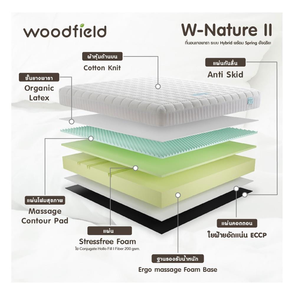 ที่นอนไฮบริด 6 ฟุต สุญญากาศ WOODFIELD รุ่น W-NATURE II พร้อมหมอนหนุน 2 ใบ