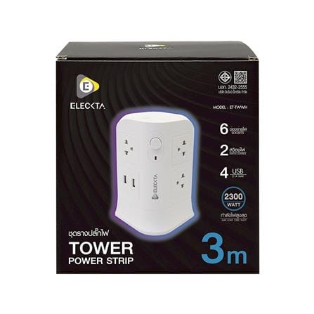 รางปลั๊กไฟทาวเวอร์ 6 ช่อง 2 สวิตช์ 4 USB ELECKTA 3 ม. สีขาว_2