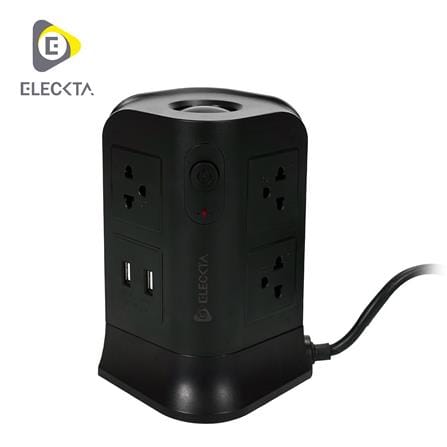 รางปลั๊กไฟทาวเวอร์ 6 ช่อง 2 สวิตช์ 4 USB ELECKTA 3 ม. สีดำ_0