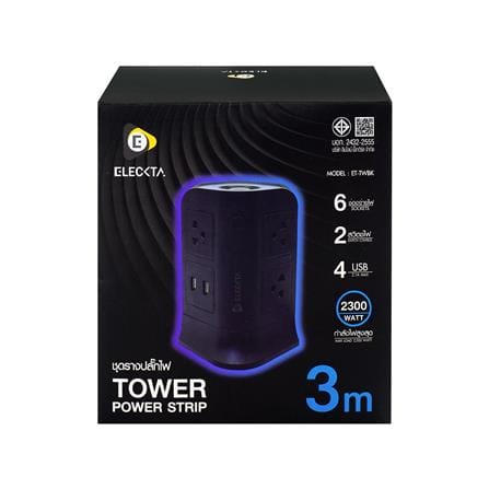 รางปลั๊กไฟทาวเวอร์ 6 ช่อง 2 สวิตช์ 4 USB ELECKTA 3 ม. สีดำ_4