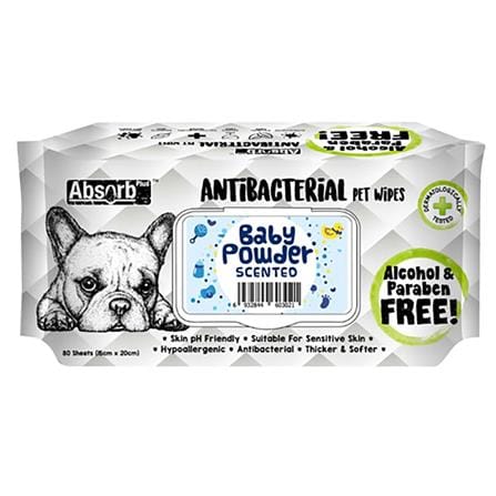 ผ้าเช็ดทำความสะอาดสัตว์เลี้ยง ABSORB PLUS ANTI BAC BABY POWDER 80 แผ่น