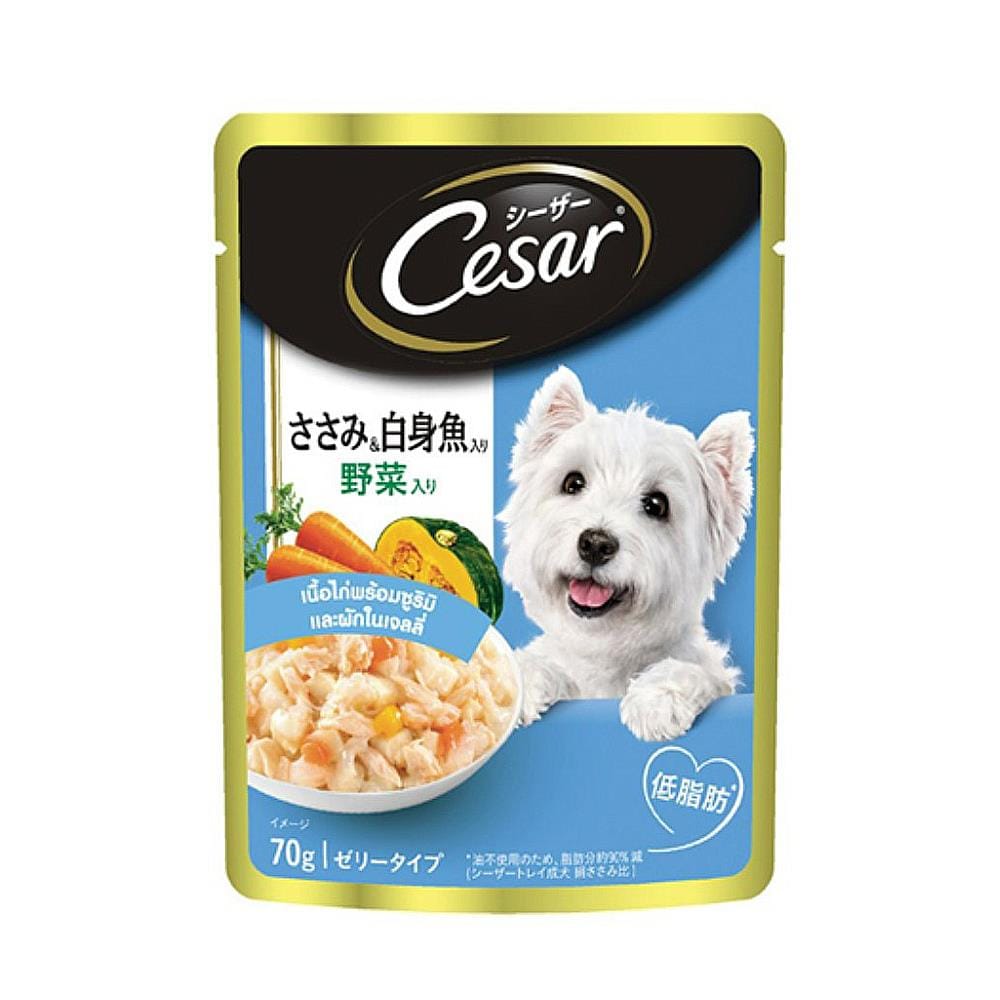 อาหารเปียกสุนัข CESAR ไก่พร้อมซูริมิและผักในเจลลี่ 70 ก.