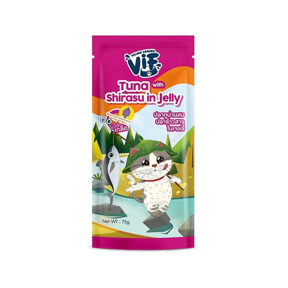อาหารเปียกแมว FELINA CANINO VIF รสทูน่าและปลาข้าวสารในเจลลี่ 75 ก.