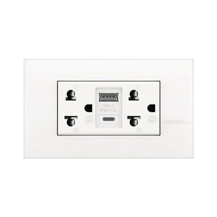 ชุดเต้ารับคู่ 3 ขา พร้อมที่ชาร์จ USB และ Type C BTICINO AE4185AC สีขาว