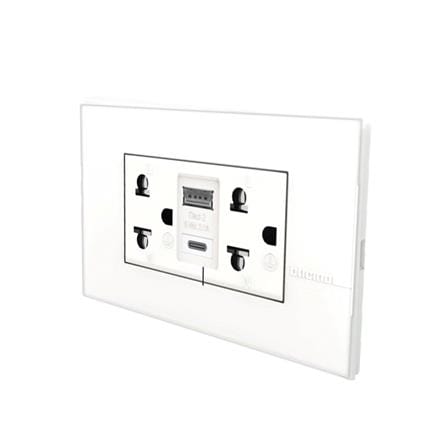 ชุดเต้ารับคู่ 3 ขา พร้อมที่ชาร์จ USB และ Type C BTICINO AE4185AC สีขาว_1