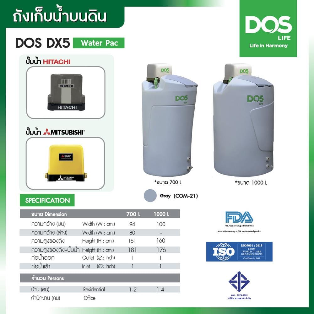 ถังเก็บน้ำ DOS DX5 WATER PAC GS 700 ลิตร+ปั๊มน้ำ HITACHI WMP-XX150W สีเทา