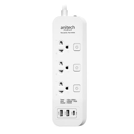 รางปลั๊กไฟ 3 ช่อง 3 สวิตช์ 3 USB ANITECH 3 เมตร สีขาว_0
