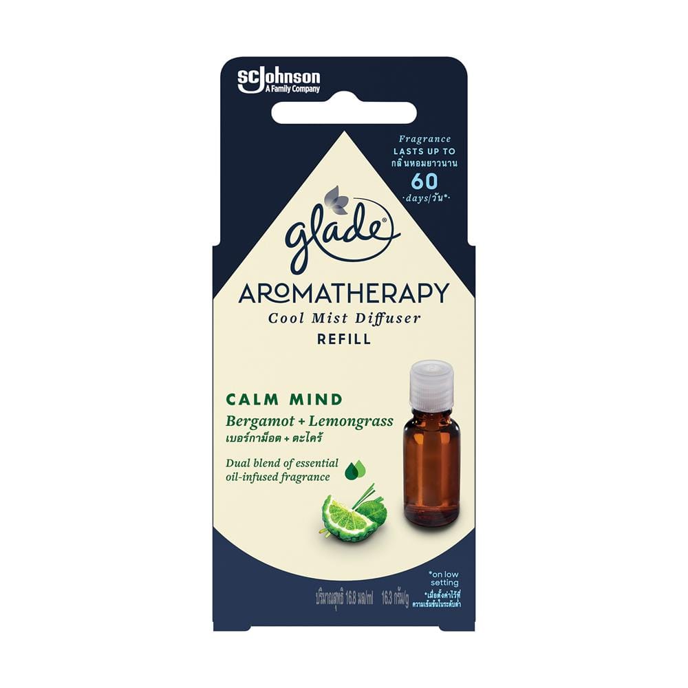 รีฟิลเครื่องพ่นสเปรย์ GLADE AROMATHERAPY COOL MIST DIFFUSER 16.8ml กลิ่นเบอร์กาม็อตและตะไคร้หอม