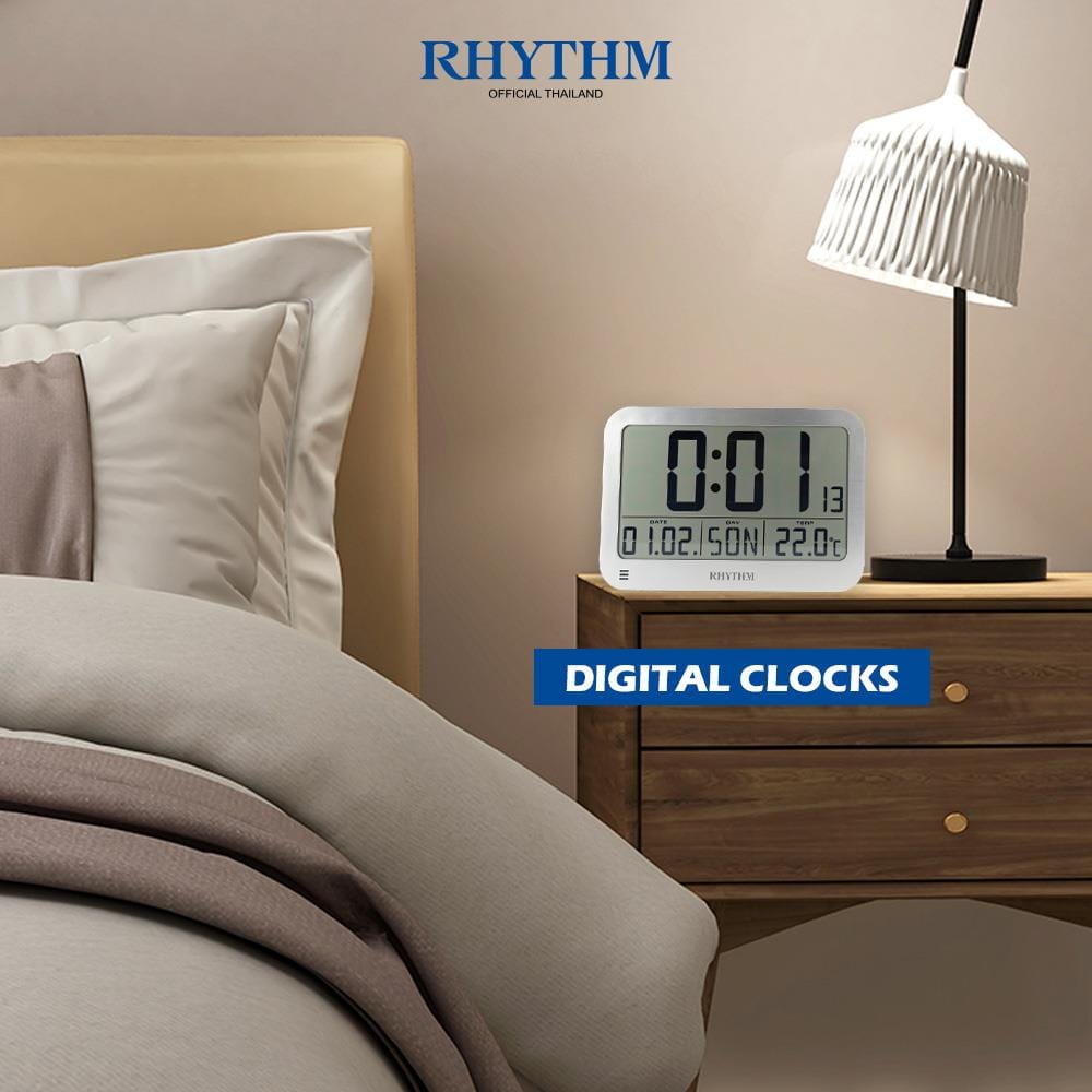 นาฬิกาตั้งโต๊ะดิจิทัล RHYTHM LCT084NR19 8.5X5.5 นิ้ว สีเงิน