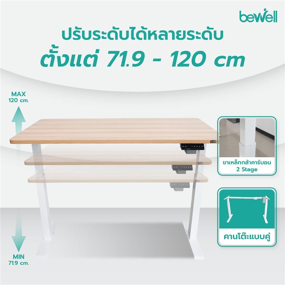 D.I.Y. โต๊ะทำงานปรับระดับ BEWELL ERGO 140X75 ซม. สีโอ๊ค/ขาว