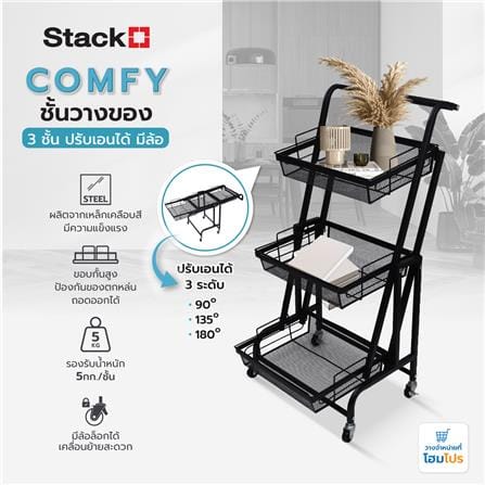 ชั้นวางของ 3 ชั้น ปรับเอนได้ มีล้อ STACKO COMFY 44x30x94.5 ซม. สีดำ_9