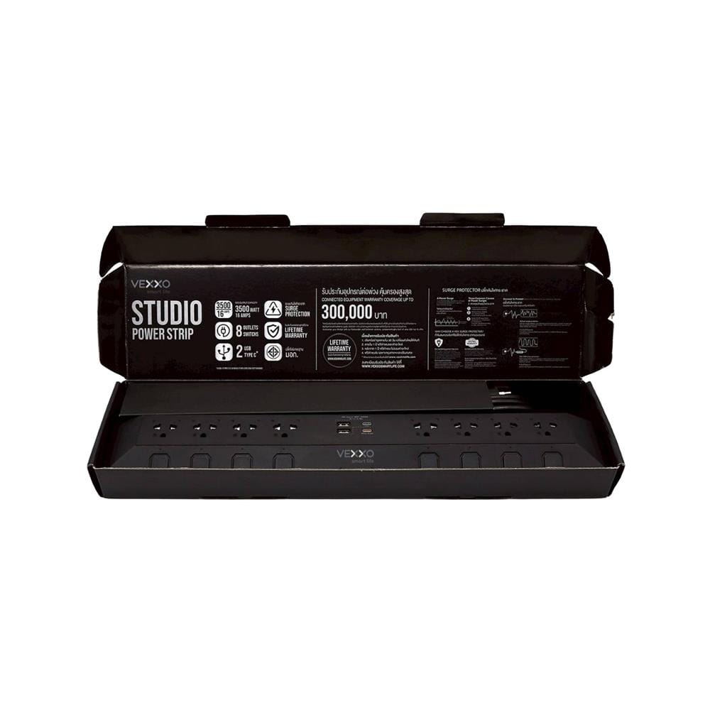 รางปลั๊กไฟ 8 ช่อง 8 สวิตซ์ 2 USB 2 TYPE-C VEXXO STUDIO POWERSTRIP 3 ม. สีดำ