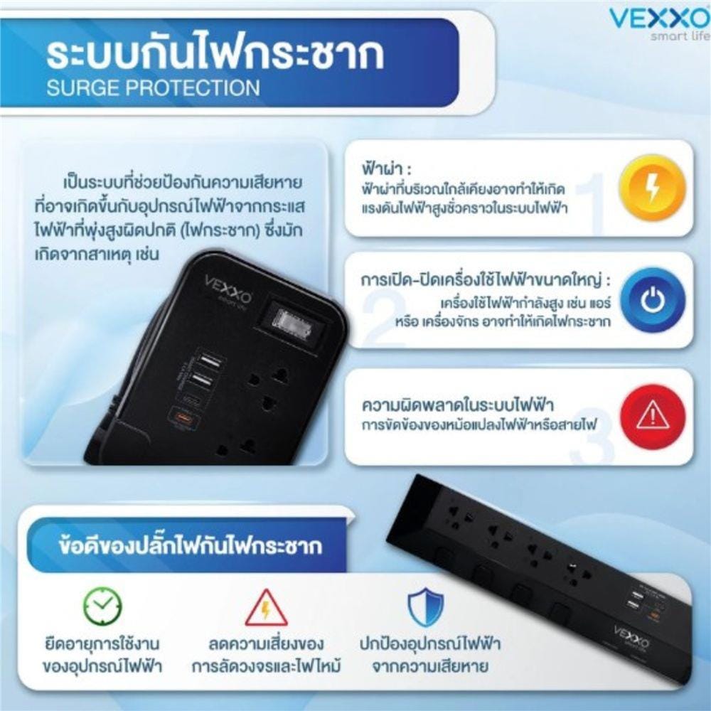 รางปลั๊กไฟ 8 ช่อง 8 สวิตซ์ 2 USB 2 TYPE-C VEXXO STUDIO POWERSTRIP 3 ม. สีดำ