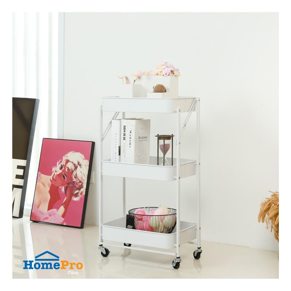 ชั้นวางของพับได้ 3 ชั้น มีล้อ STACKO HAZEL 45x30x77 ซม. สีขาว