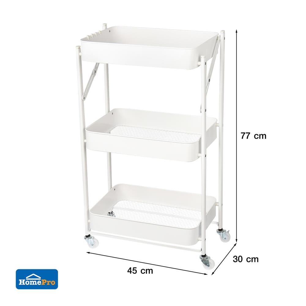ชั้นวางของพับได้ 3 ชั้น มีล้อ STACKO HAZEL 45x30x77 ซม. สีขาว