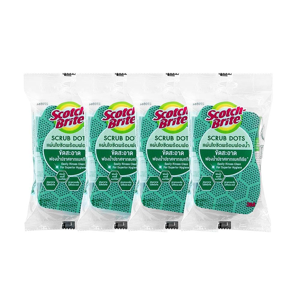 ฟองน้ำพร้อมใยขัด SCOTCH-BRITE SCRUB DOTS 11.4x6.9ซม. สีเขียว (แพ็ก 4 ชิ้น)