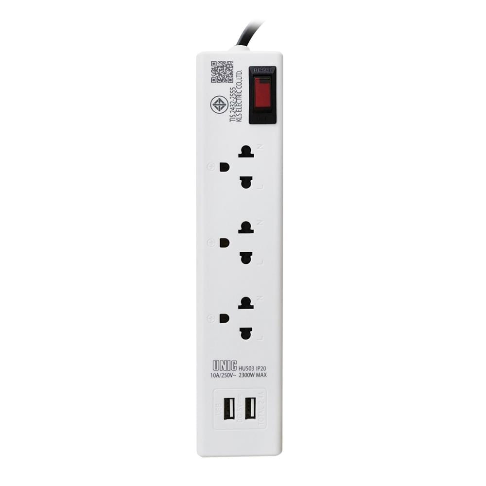 รางปลั๊กไฟหัวปลั๊กงอ 3 ช่อง 1 สวิตซ์ 2 USB UNIC H503 10 แอมป์ 2300 วัตต์ 3 เมตร สีขาว