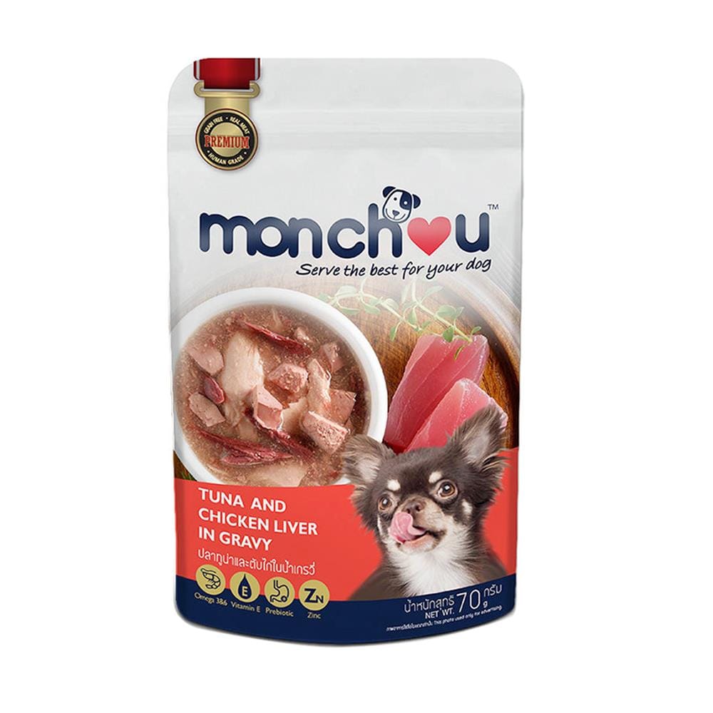 อาหารเปียกสุนัข MONCHOU TUNA AND CHICKEN LIVER IN GRAVY 70 ก.