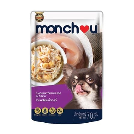 อาหารเปียกสุนัข MONCHOU CHICKEN TOPPING EGG IN GRAVY 70 กรัม_0
