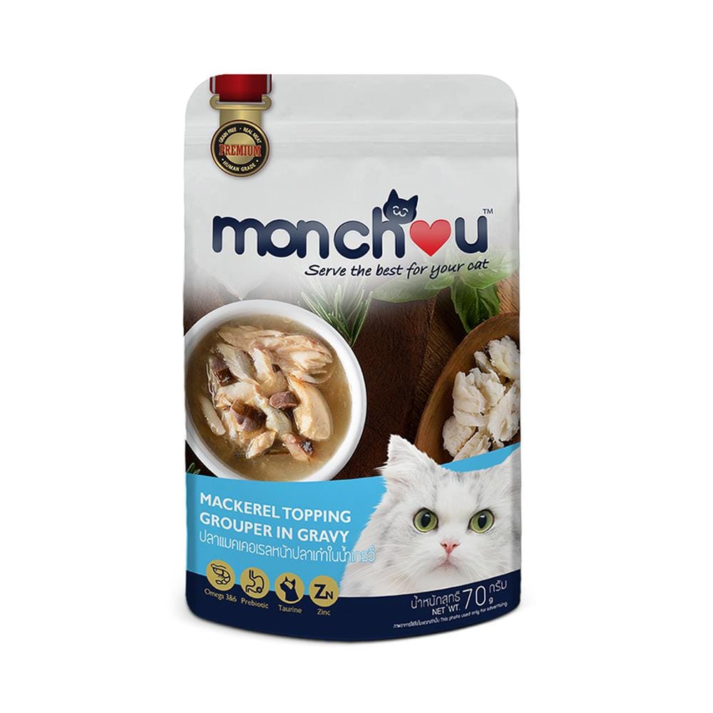 อาหารเปียกแมว MONCHOU MACKEREL TOPPING GROUPER IN GRAVY 70 ก.