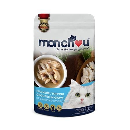 อาหารเปียกแมว MONCHOU MACKEREL TOPPING GROUPER IN GRAVY 70 ก.