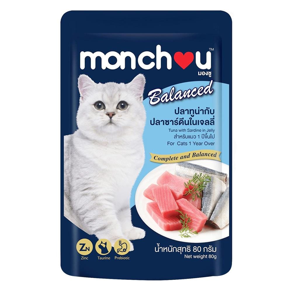 อาหารเปียกแมว MONCHOU TUNA AND SARDINE IN JELLY 80 ก.