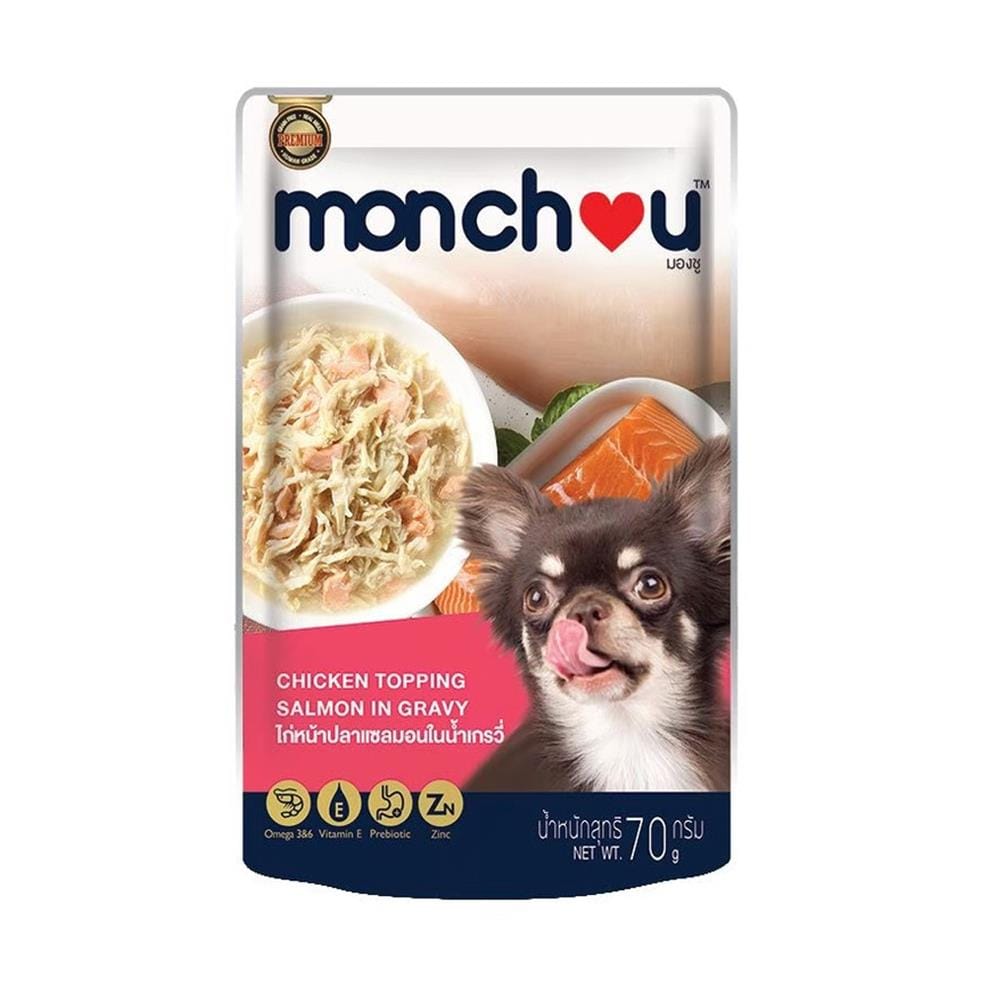 อาหารเปียกสุนัข MONCHOU CHICKEN TOPPING SALMON IN GRAVY 70 ก.