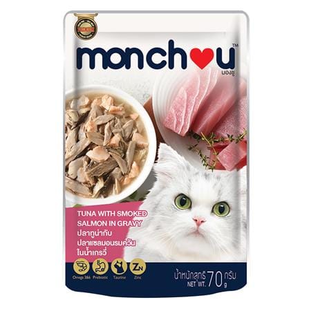 อาหารเปียกแมว MONCHOU ปลาทูน่ากับปลาแซลมอนรมควันในน้ำเกรวี่  70 ก.