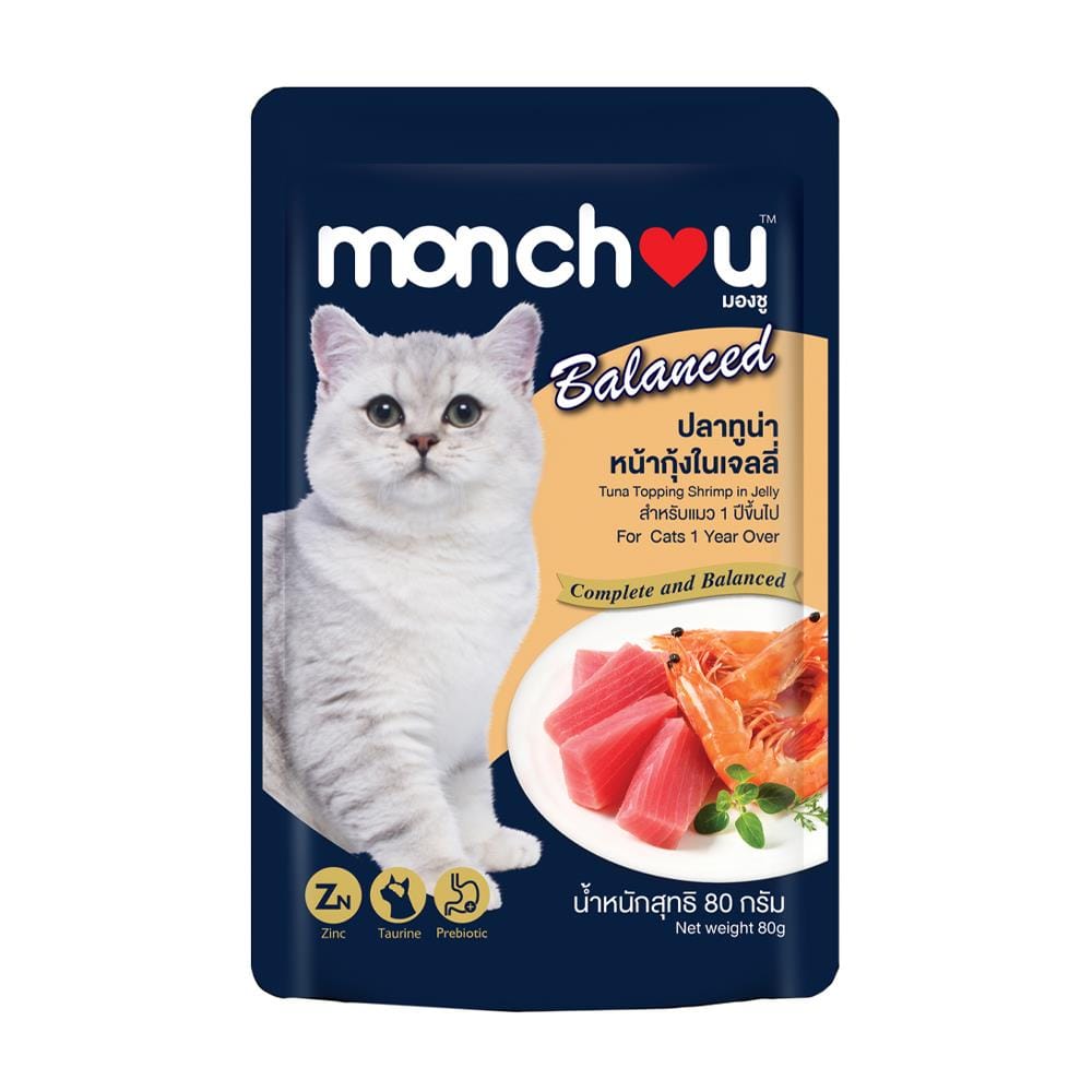 อาหารเปียกแมว MONCHOU TUNA AND SHRIMP IN JELLY 80 ก.