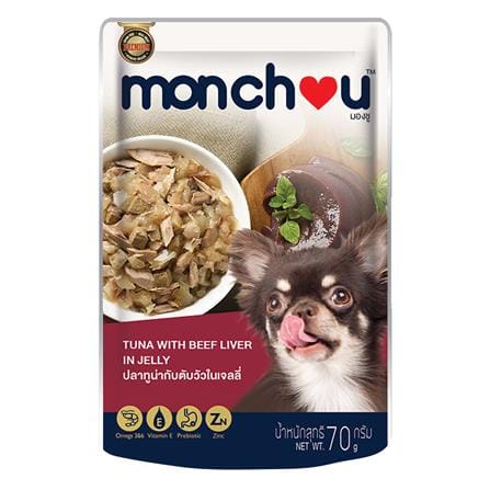 อาหารเปียกสุนัข MONCHOU ปลาทูน่ากับตับวัวในเจลลี่ 70 ก.