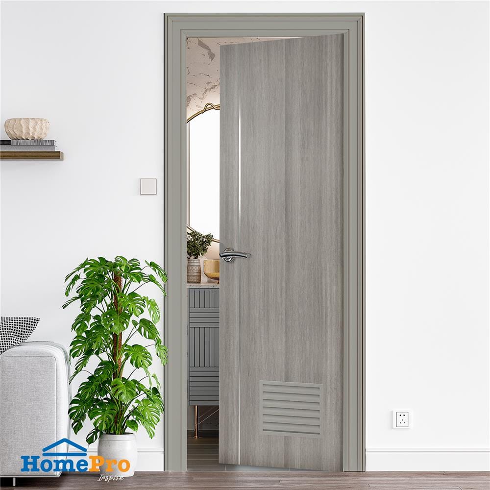 ประตูห้องน้ำ UPVC AZLE BN-01 เกล็ดล่าง 70X200 ซม. สีเทา ลายไม้ เจาะลูกบิด