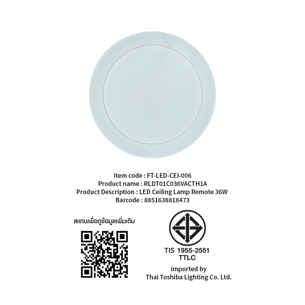 ไฟเพดาน LED TOSHIBA RLDT01C036VACTH1A 16 นิ้ว 36 วัตต์ DAYLIGHT/COOL WHITE/WARM WHITE สีขาว