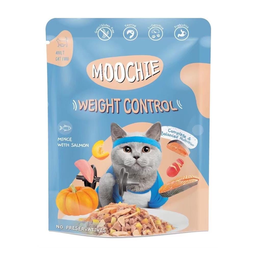 อาหารเปียกแมว MOOCHIE WEIGHT CONTROL MINCE WHITE SALMON 70 ก.