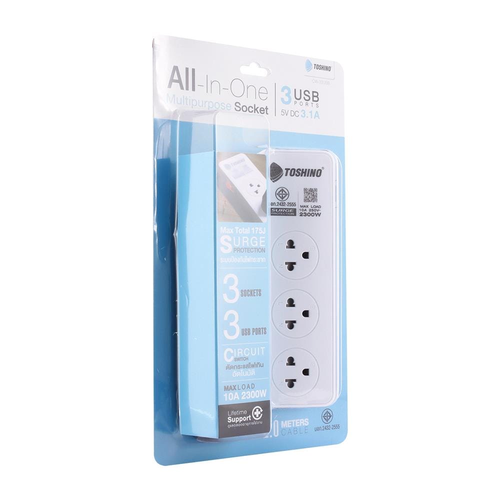 รางปลั๊กไฟ 3 ช่อง 3 USB TOSHINO CW-33USB 2 เมตร