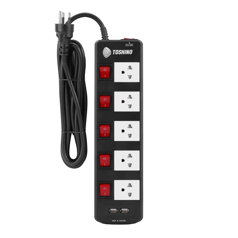 รางปลั๊กไฟ 5 ช่อง 5 สวิตซ์ 2 USB TOSHINO TIS515USB 5 ม. สีดำ