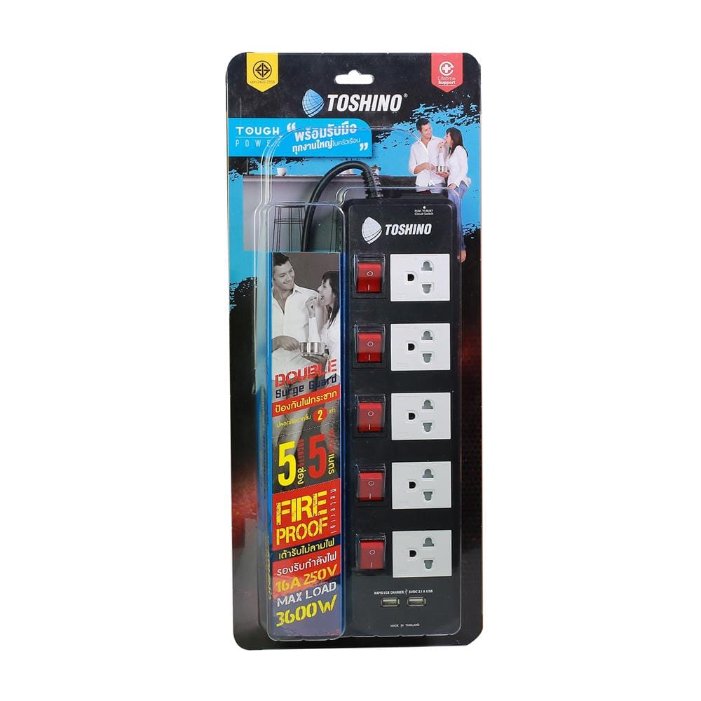 รางปลั๊กไฟ 5 ช่อง 5 สวิตซ์ 2 USB TOSHINO TIS515USB 5 ม. สีดำ
