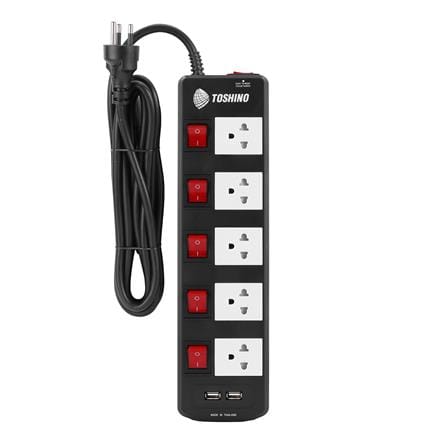 รางปลั๊กไฟ 5 ช่อง 5 สวิตซ์ 2 USB TOSHINO TIS515USB 5 ม. สีดำ