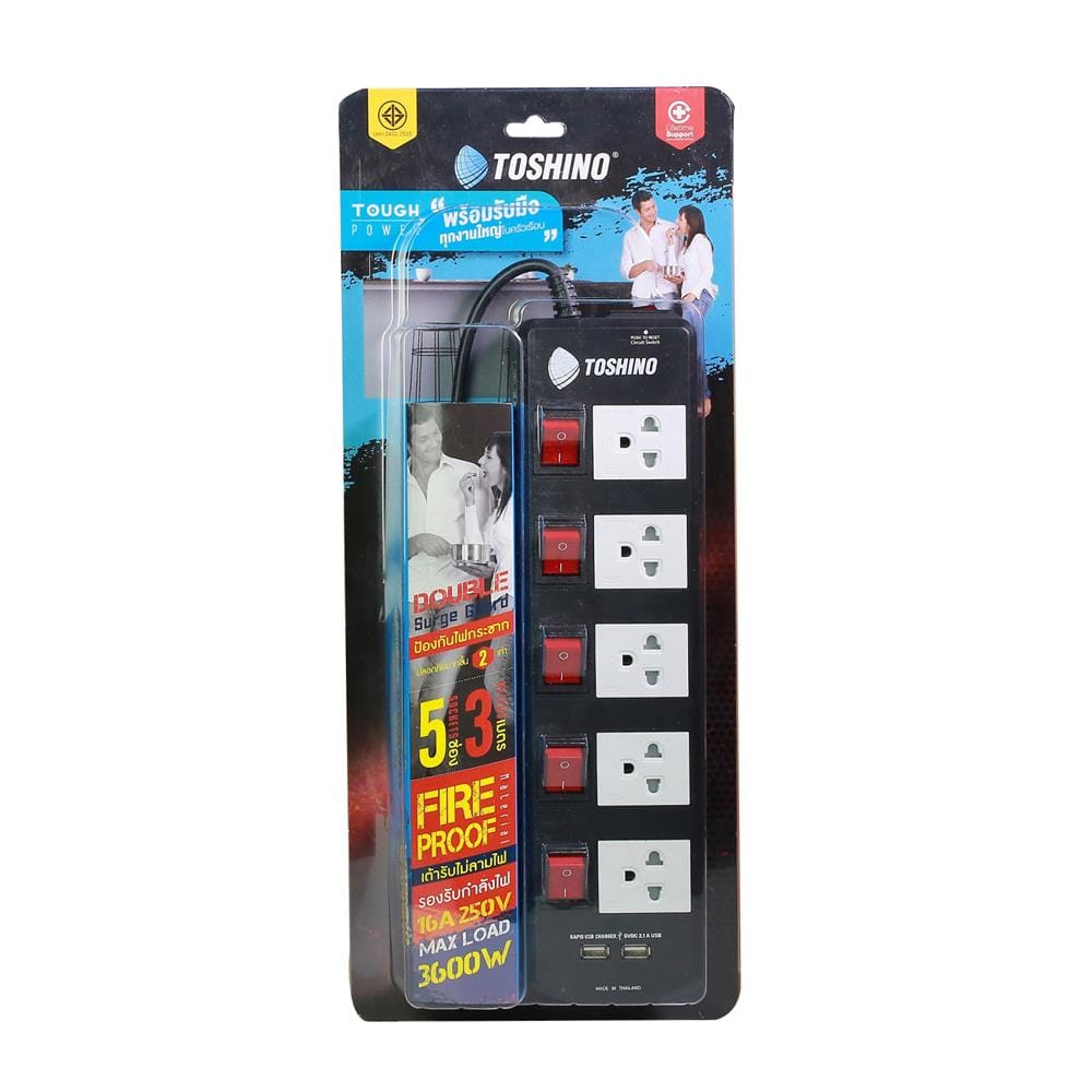 รางปลั๊กไฟ 5 ช่อง 5 สวิตซ์ 2 USB TOSHINO TIS515USB 3 ม. สีดำ