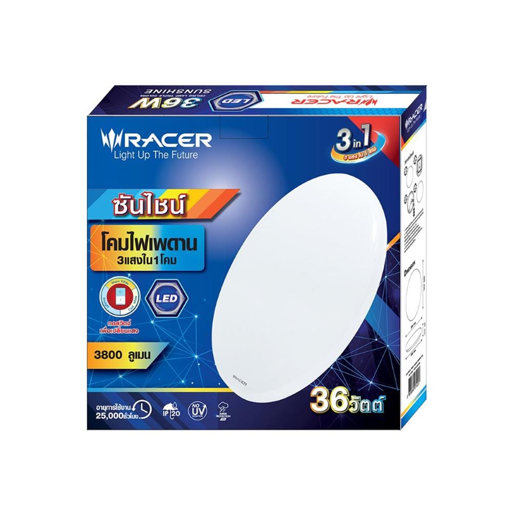 ไฟเพดาน LED RACER SUNSHINE 15.6 นิ้ว 36 วัตต์ DAYLIGHT/COOL WHITE/WARM WHITE สีขาว
