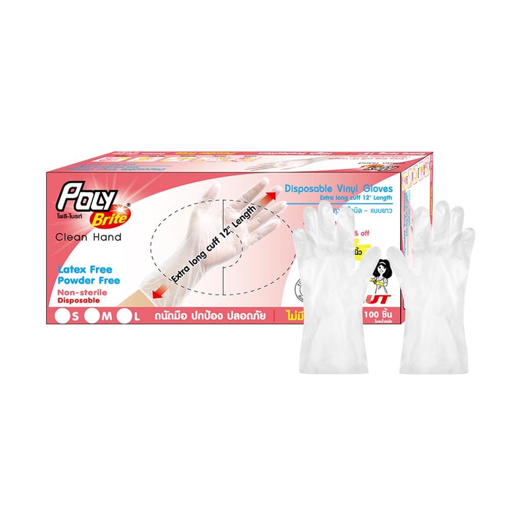 ถุงมือไวนิล 12 นิ้ว POLY-BRITE SIZE L แพ็ก 100 ชิ้น