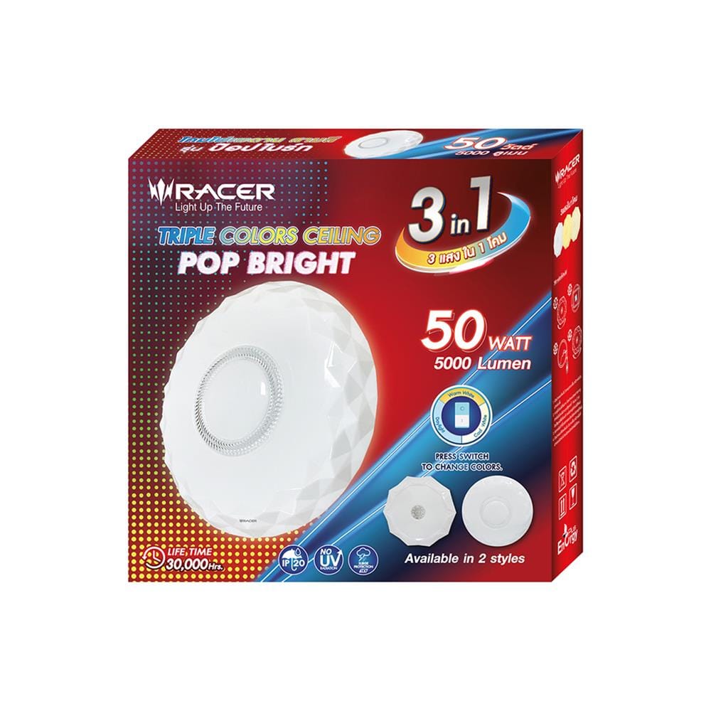 ไฟเพดาน LED RACER POP BRIGHT PBT06 19 นิ้ว 50 วัตต์ DAYLIGHT/COOL WHITE/WARM WHITE สีขาว