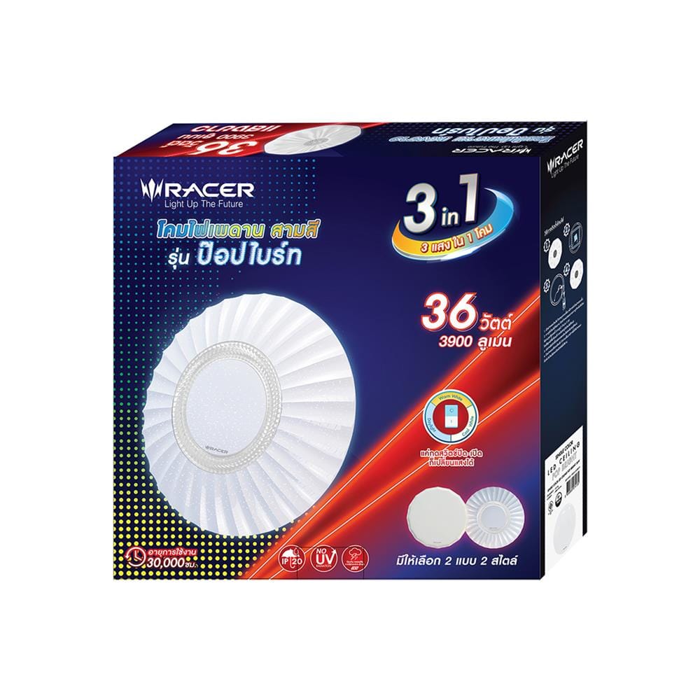 ไฟเพดาน LED RACER POP BRIGHT PBT04 15 นิ้ว 36 วัตต์ DAYLIGHT/COOL WHITE/WARM WHITE สีขาว