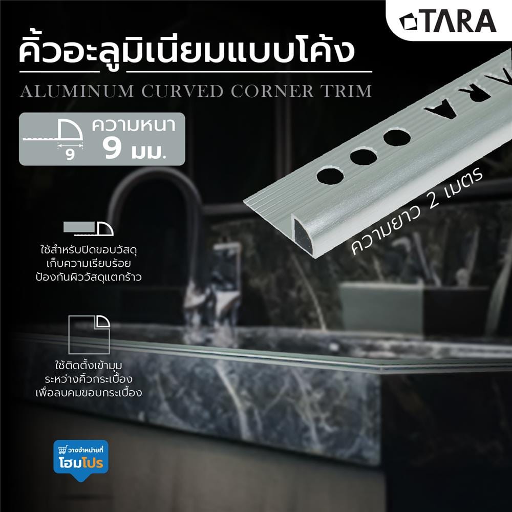 คิ้วอะลูมิเนียมแบบโค้ง TARA 9 มม. 2 ม. ปัดลายเงิน
