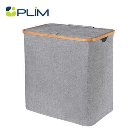 ตะกร้าผ้าเหลี่ยมมีฝาขอบไม้ PLIM 54 ซม. สีเทา_0