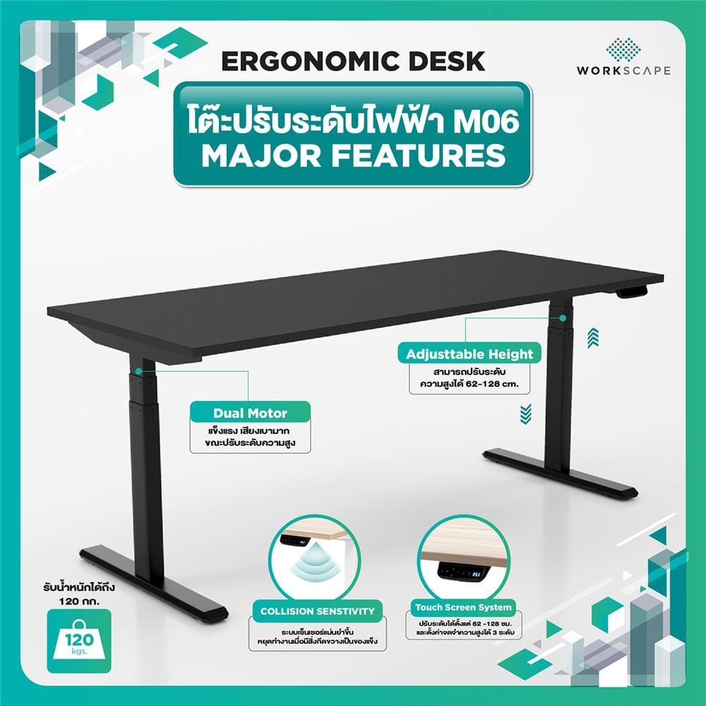 โต๊ะปรับระดับไฟฟ้า WORKSCAPE WDH-00011 180 ซม. สีดำ/ดำ