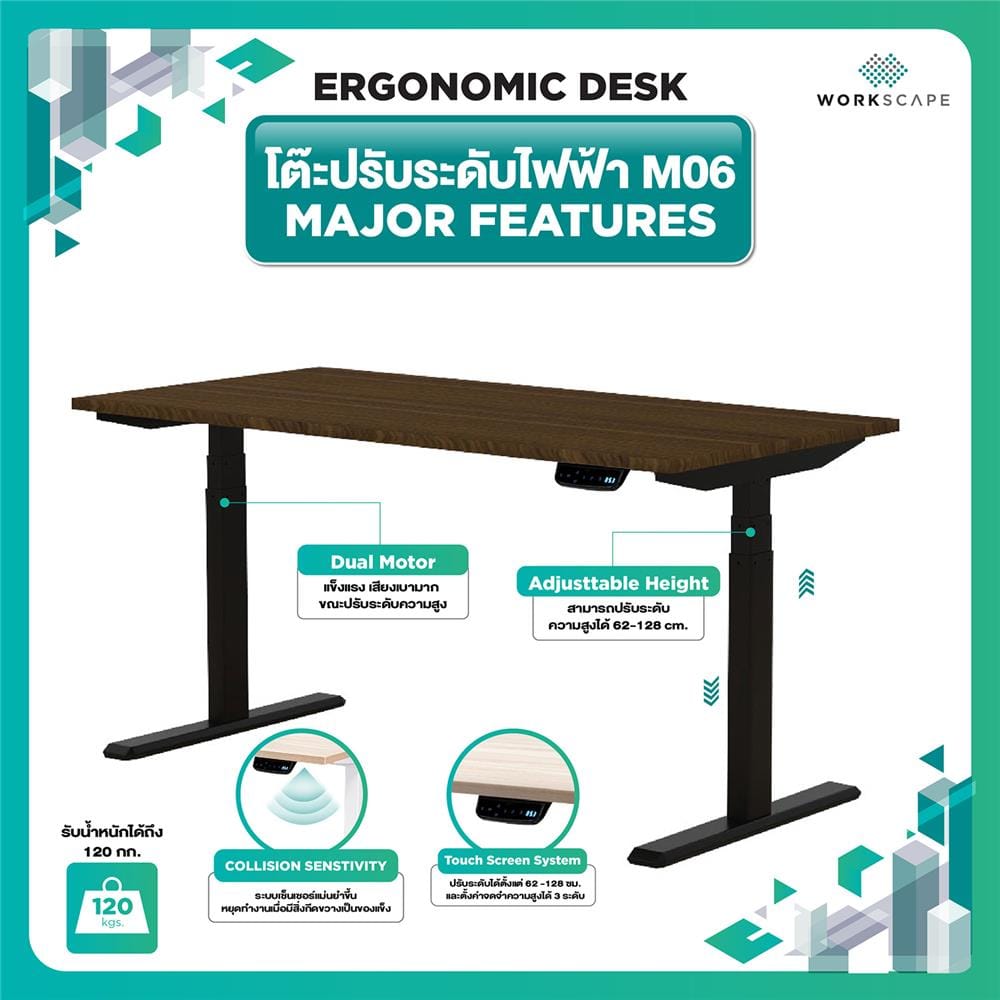 โต๊ะปรับระดับไฟฟ้า WORKSCAPE WDH-00011 180 ซม. สีอเมริกาโน/ดำ