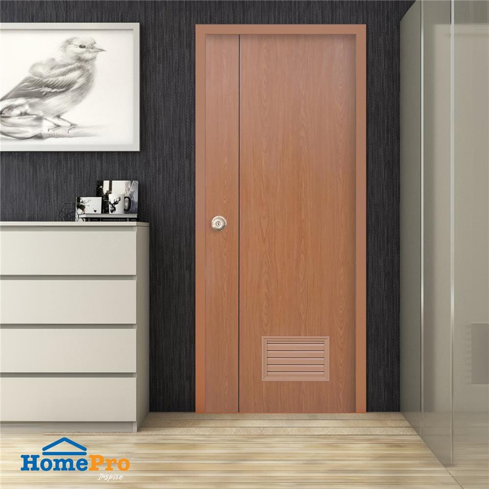ประตูห้องน้ำ UPVC AZLE GROOVE P3 เกล็ดล่าง 70x200 ซม. สี ORANGE TEAK เจาะลูกบิด
